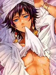 1boy black_hair blue_eyes blush bracelet chest cum earrings final_fantasy final_fantasy_ii jewelry katoh-r lying male male_only ming-wu mouth_hold nipples on_back solo turban