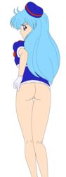 1girls aqua_hair ass busakumas female high_res highres legs long_hair looking_back miniskirt no_panties nopan photoshop purple_eyes solo stewardess tenjouin_katsura thighs vector_trace yat_anshin_uchuu_ryokou