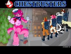 2006 anthro ass atariboy big_breasts bovine breasts feline female ghostbusters horn huge_breasts mellany_mellons nipples nude parody poster roxikat size_difference skunk tagme tail zig_zag