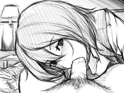 bed blush fellatio female head_tilt kupala kupala_(artist) looking_at_viewer monochrome mouth_hold oral penis short_hair sketch touhou uncensored vest youkai yuka_kazami