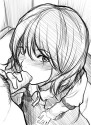 blush fellatio female foreshortening kupala kupala_(artist) looking_at_viewer looking_up monochrome mouth_hold oral penis short_hair sketch touhou uncensored vest youkai yuka_kazami