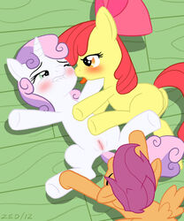 apple_bloom_(mlp) blush cutie_mark_crusaders female female_only friendship_is_magic multiple_females my_little_pony pussy scootaloo_(mlp) smooth_skin sweetie_belle_(mlp) tongue tongue_out yuri zed001