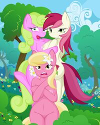 anthro ass breasts cutie_mark daisy_(mlp) equine female flower friendship_is_magic grass group horse hug humanized lily_valley_(mlp) looking_at_viewer my_little_pony nipples nude plant pony pussy roseluck_(mlp) smooth_skin tree whitmaverick wood yuri