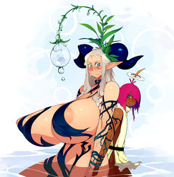 areola_slip areolae big_nipples blue_eyes breasts female gigantic_breasts h_hiroma huge_breasts kokuko_(tsukiyotake) maou11 nipples plant puffy_nipples purple_hair water white_hair