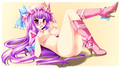 :d boots breasts eyewear female female_only glasses highres human kamiya_tomoe large_breasts long_hair looking_at_viewer lying nipples no_panties nude on_back open_mouth panties patchouli_knowledge paw_pose purple-framed_glasses purple_eyes purple_hair pussy smile solo striped striped_panties touhou underwear very_long_hair