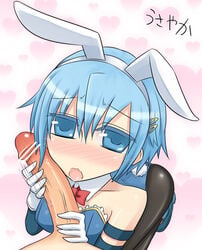 animal_ear blue_eyes blue_hair blush bunny_ear bunnysuit handjob kurakumo_nue mahou_shoujo_madoka_magica miki_sayaka penis penis_on_face short_hair translation_request