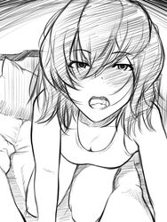 bed blush bra cum cum_in_mouth kupala kupala_(artist) lingerie monochrome open_mouth short_hair sketch solo touhou underwear youkai yuka_kazami