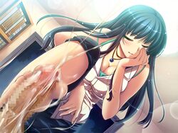 black_hair bored breasts censored cleavage closed_eyes cum cum_on_body cum_on_feet cum_on_lower_body ejaculation feet footjob game_cg higashide_kei jewelry large_breasts long_hair necklace nee_summer! penis sumeragi_kohaku