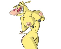 anthro ass big_breasts blonde_hair bovine breasts cartoon_network cow_(character) cow_and_chicken eevo holding hooves horns huge_breasts looking_at_viewer nipples nude pose presenting presenting_breasts tail