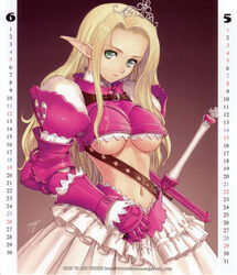 1girls 2005 armor blonde_hair breasts dress elf female female_only green_eyes long_hair midriff original pointy_ears reverse_cowgirl_position solo standing taka_tony tiara underboob weapon