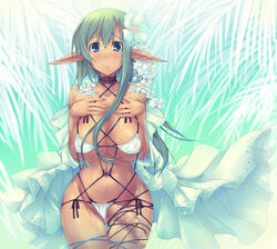 1futa bikini blue_eyes breast_suppress breasts choker curvy dark_skin dress elf flower futa_only futanari green_hair hair_flower hair_ornament huge_breasts intersex long_hair micro_bikini navel original pointy_ears shibarikini shimakaze skindentation solo sparkle sweat swimsuit