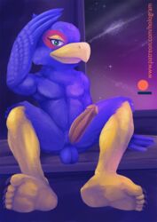 1boy anthro avian balls barefoot beak bedroom bird blue_feathers claws erection falco_lombardi falcon feathers green_eyes hologram_(artist) humanoid_penis inside looking_at_viewer male male_only nintendo nude pecs penis raised_arm sharp_claws sitting smile solo spread_legs spreading star_fox toe_claws vein veiny_penis video_games wings