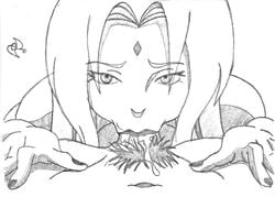 black_and_white cum ejaculation fellatio female hair human human_only male monochrome naruto omarsin oral penis pubic_hair sex sketch straight tsunade uncensored