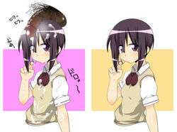 black_hair cum cum_on_clothes cum_on_hair cum_string facial hair_twirling kawazoe_tamaki makarou male_pubic_hair penis_on_head pubic_hair purple_eyes school_uniform short_hair sweat