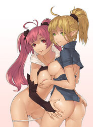 ahoge aner_(qqan00) antenna_hair archer_(dragon_nest) ass ass_grab asymmetrical_docking breast_grab breast_press breasts dragon_nest female green_eyes long_hair looking_away multiple_girls nipples no_panties panties panty_pull pink_hair pointy_ears ponytail pussy red_eyes shiny shiny_skin shirt_lift smile sorceress_(dragon_nest) tied_hair twintails underwear white_panties yuri