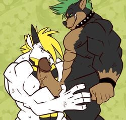 anthro big_penis blonde_hair buff canine cartoonjunkie closed_eyes collar couple dragon fur furry gay green_hair grin hair huge_cock kneeling long_hair male mohawk muscles nude oral oral_sex penis plain_background reptile scalie sex short_hair standing veins