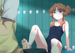 ano_natsu_de_matteru arm_support arms_behind_back bare_legs bare_shoulders barefoot bondage brown_hair cameltoe censor_bar censored feet female femdom flat_chest flo_(guilty_hearts) footjob footjob_with_one_foot leaning_back locker_room long_hair one-piece_swimsuit penis purple_eyes school_swimsuit sitting smile swimsuit tied_hair toes twintails yamano_remon