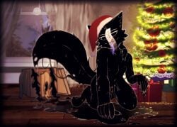absurd_res anthro black_body black_goo christmas christmas_clothing christmas_headwear christmas_tree clothing crawling detailed_background digital_media_(artwork) domestic_cat dripping felid feline felis front_view genitals goo_creature gynomorph hat headgear headwear hi_res holidays intersex looking_at_viewer mammal messy nude plant santa_hat script_(sus_muk) slime smile solo spicybunboi tail talisman tongue tree unusual_anatomy unusual_genitalia vulva