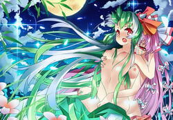 breasts color ex-keine female female_only fingering flower front_view fujiwara_no_mokou green_hair hair keine_kamishirasawa mikan_(bananoha) multiple_females night nipples nude outdoors touhou very_long_hair white_hair yuri