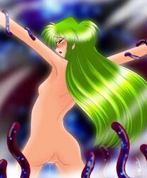 back blush breasts crown green_eyes green_hair long_hair mouth nude open rape tentacle tentacle_rape