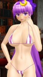 1girls 2025 3d big_breasts bikini blush breasts clavicle cleavage cresent_moon earrings female female_only hand_on_face hati_yukkuri_mmd headband headwear hips human interior_background jpeg library light-skinned_female long_hair_female looking_at_viewer midriff mmd navel open_mouth patchouli_knowledge purple_bow purple_eyes_female purple_hair_female solo_female striped_bikini swimsuit touhou waist