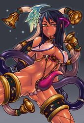 black_hair bracelet breasts choker cleavage codpiece dark_skin erect_nipples fishnet_legwear fishnet_stockings fishnets flapper_shirt gradient_hair green_eyes jewelry legwear luna_luna midriff multicolored_hair nipples queen's_blade see-through tagane tentacle thighhighs underboob