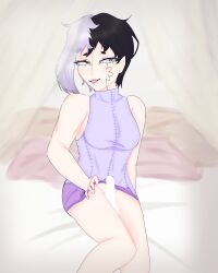asagiri_gen bed bedroom black_hair blue_eyes breasts censored crossdressing crossdressing_male dr.stone dual_colored_hair fake_breasts feminine_male kura1 light-skinned_male light_skin makeup male pale-skinned_male pale_skin penis pink_lipstick presenting_penis purple_shirt tagme white_hair