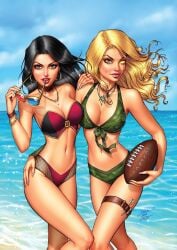 2girls arrow arrow_(weapon) arrows beach bikini biting_glasses black_hair blonde_hair blue_eyes camo_print camouflage_bikini earrings eyewear_removed female football glowing_eye green_eyes hand_on_another's_hip holding_object liesel_van_helsing necklace red_and_black_bikini robyn_hood robyn_locksley scar_across_eye scar_on_face sunglasses two-piece_swimsuit two_tone_glasses water zenescope zenescope_entertainment
