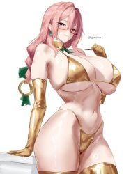 alternate_costume bikini breasts cleavage curvy elbow_gloves female glasses gloves gold_bikini gold_gloves gold_thighhighs hair_between_eyes highres huge_breasts igiroitsu long_hair looking_at_viewer navel parted_lips pink_eyes pink_hair ring_hair_ornament smile solo swimsuit thick_thighs thighs tsukishiro_yanagi twitter_username white_background zenless_zone_zero