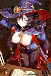 1girls 2025 ai_generated bangs black_gloves black_hair blue_cape blue_leotard blush bodystocking book bookshelf breasts breasts_out candle cape choker closed_mouth detached_sleeves earrings eroflow female fur_collar genshin_impact gloves gold_trim hat hat_ornament hi_res highleg highleg_leotard highres hoyoverse indoors jewelry large_breasts leotard long_hair looking_at_viewer mihoyo mihoyo_technology_(shanghai)_co._ltd. mona_(genshin_impact) mona_(genshin_impact)_(cosplay) nipples pantyhose patreon solo star_(symbol) star_earrings thighlet twintails voluptuous voluptuous_female witch_hat