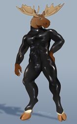 aaron_(caldariequine) absurd_res anthro bodysuit bulge clothing deer detailed_bulge erection erection_under_clothing genital_outline hi_res huskii-s latex latex_clothing latex_skinsuit looking_at_viewer male mammal moose new_world_deer penis_outline skinsuit smile solo standing tight_clothing