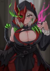 :) absurdres astellar_diabellstar_(sinful_spoils) blush breasts c: claws cleavage closed_mouth couch curvy detached_sleeves diabellstar_the_black_witch domidori duel_monster earrings female female_only grey_eyes half_mask highres hood hood_up jewelry konami large_breasts looking_at_viewer mask medium_hair multicolored_hair nail_polish on_couch pale_skin phone plant red_hair red_mask ring safe sinful_spoils_(yu-gi-oh!) single_sleeve smile solo white_hair yu-gi-oh!
