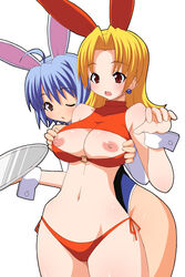 2girls animal_ear bikini blush breasts brown_eyes bunny_ear bunny_girl cameltoe cuffs earrings elle_adams female female_only jewelry lace large_breasts multiple_girls nipples shishimaru_ken'ya super_blackjack swimsuit tiffany_abbott tray waitress wink wrist_cuffs