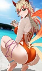 ami_han ass ass_focus beach big_ass blonde_hair brown_eyes daikiri_di_mon fox_girl marvel marvel_rivals multicolored_hair smiling smiling_at_viewer tail white_fox_(marvel) white_fox_(marvel_rivals)