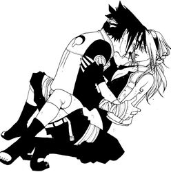 arm_tattoo bandage bandages bare_shoulders belt blush breasts cleavage closed_eyes clothed_sex couple detached_sleeves female fingerless_gloves gloves headband heavy_breathing hug human kneeling legs male monochrome nami86 naruto open_clothes open_mouth open_shirt panties panties_around_leg panties_around_one_leg panting pants sakura_haruno sandals sasuke_uchiha sex shirt short_hair shorts simple_background spread_legs straight straight_hair sweat tattoo underwear vest