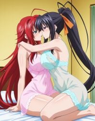 2girls after_kiss ai_generated akeno_himejima bedroom big_ass big_breasts breasts_to_breasts breasts_touching_each_other curvy_females females_only girlfriends high_school_dxd hugging_partner imminent_sex indoors kissing lesbian_couple lesbian_kiss looking_at_each_other rias_gremory rias_x_akeno saliva saliva_string thick_thighs voluptuous_female wide_hipped_female wife_and_wife yuri yuri yuri