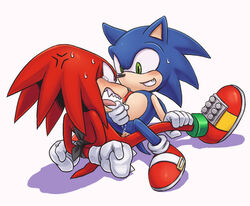 anal angry arms_behind_back blue_fur bondage exposed_torso footwear furry handwear hedgehog karlo knuckles_the_echidna male male_only mammal sonic_(series) sonic_the_hedgehog sonknux tied white_background yaoi