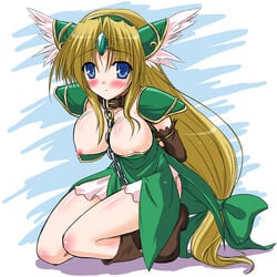 blue_eyes blush bondage boots breasts chains collar down_blouse female female_only human leash long_hair low-tied_long_hair nipple_slip nipples reverse_noise riesz seiken_densetsu seiken_densetsu_3 slave solo yamu_(reverse_noise)