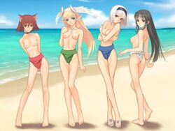 4girls barefoot beach blanc_neige breasts clothing elf elwing female female_only female_sumo mao_(shining_tear) mawashi medium_breasts multiple_girls nipples ryuna shining_(series) shining_tear small_breasts sumo taka_tony topless