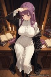 1girls 2025 ai_generated bangs black_coat black_footwear blunt_bangs blush book bookshelf breasts candle candlestand clothing coat covered_nipples curvaceous dress eroflow female female_only fern_(sousou_no_frieren) half_updo hi_res highres indoors large_breasts light-skinned_female long_dress long_hair long_sleeves looking_at_viewer nipples patreon purple_eyes purple_hair see-through see-through_dress sidelocks sitting solo sousou_no_frieren straight_hair taut_clothes teasing very_long_hair voluptuous voluptuous_female white_dress wig