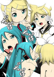 artist_request blonde_hair blue_eyes blush collaborative_fellatio cum fellatio hair hatsune_miku highres kagamine_len kagamine_rin oral teal_hair teamwork threesome vocaloid