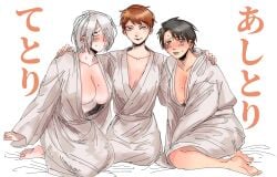 3girls big_breasts black_hair blue_eyes blush breast_size_difference brown_hair cleavage embarrassed female female_only full_body gegege_no_kitarou genderswap_(mtf) hair_over_one_eye iwako_(gegege_no_kitarou) kimono kitarou_tanjou_gegege_no_nazo looking_at_viewer medama_oyaji_(human) mizuki_(gegege_no_kitarou) pale-skinned_female pale_skin red_eyes robe rule_63 short_hair sitting smile sweat very_short_hair white_hair
