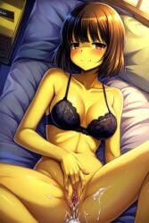 1girls after_anal after_sex ai_generated bed bedroom black_bra blush blush_lines blush_stickers blushing_at_viewer blushing_female chara_lover chara_lover(artist) cum_in_ass cum_inside female female_frisk female_only female_solo fingering fingering_self frisk frisk_(undertale) lying_on_back lying_on_bed medium_breasts pussy pussy_ejaculation pussy_juice pussy_juice_drip red_eyes short_hair smile smiley_face smiling smiling_at_viewer solo solo_female undertale undertale_(series) wet wet_body wet_clothes wet_pussy wet_skin yellow_body yellow_skin yellow_skinned_female