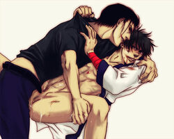 2boys anal ass belt bite biting black_hair black_shirt blood bottomless brown_hair color cum forced_yaoi gay injury legs_held_open male male_only multiple_males on_back open_clothes open_shirt penis police rape rurouni_kenshin saitou_hajime sanosuke_sagara sex shirt spread_legs tears uniform unzipped yaoi