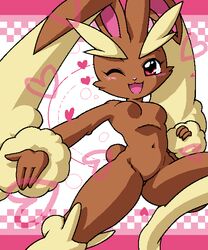 1girls 4_fingers animal_ears anthro blush breasts bunny_ears female female_only fur furry furry_breasts furry_ears furry_tail g-sun heart jumping looking_at_viewer lopunny nude oekaki open_mouth pokemon pokemon_(species) pokemon_dppt raised_leg small_breasts smile solo straight_hair tail wink