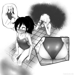 2girls alternate_hairstyle artist_name ass binoculars blush breasts bush collarbone commentary competition_school_swimsuit english_commentary female_pervert frankseven full-face_blush greyscale hand_on_own_thigh heart heart_background highres imagining kuroki_tomoko lying monochrome multiple_girls on_stomach one-piece_swimsuit peeking pervert ponytail poolside school_swimsuit sitting soaking_feet sparkle speech_bubble sweat swimsuit thought_bubble tile_floor tiles uchi_emiri voyeur_pov watashi_ga_motenai_no_wa_dou_kangaetemo_omaera_ga_warui! wavy_mouth yuri