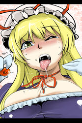 beige_skin blonde_hair blush bow breasts cleavage color female female_only front_view green_eyes hat hyudora long_hair open_mouth saliva saliva_trail solo tears tongue touhou wince yukari_yakumo