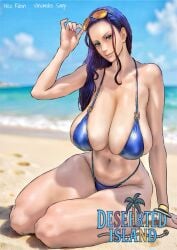 1girls b_0_rukia beach bikini black_hair female large_breasts long_hair nico_robin ocean one_piece sand solo swimsuit thick_thighs toned_female