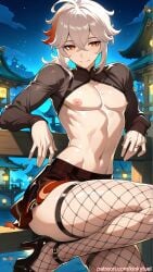ai_generated bulge_through_clothing femboy genshin_impact kaedehara_kazuha kinkyfuel skirt