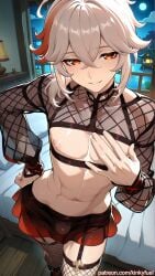 ai_generated bulge_through_clothing femboy genshin_impact kaedehara_kazuha kinkyfuel skirt